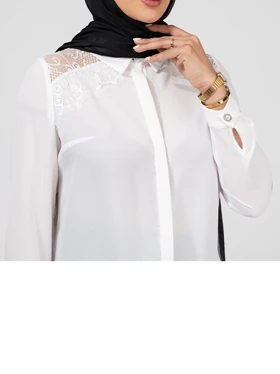شومیز زنانه مجلسی کرپ حریر تور دار پشت‌باز یقه دراپه کلاسیک آنیکا