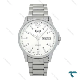 ساعت مچی کیو اند کیو مردانه استیل صفحه سفید دو تقویمه QQ-7783-G