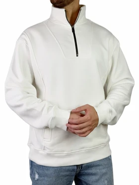 پلیور دورس مردانه سه نخ مدل نیم زیپ بیسیک رنگ سفید کد 00343