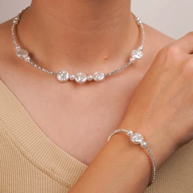 ست دستبند و گردنبند طوق تنیسی و مروارید مناسب برای استفاده مجلسی