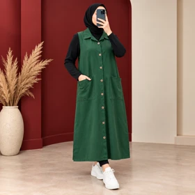 سارافون بلند نخ لینن مدل آریانا کد 6069 (سبز یشمی)