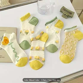 پک جوراب نازک فانتزی گل‌دار سبز و زرد نازک و فانتزی