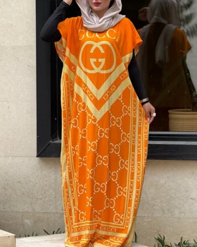 پیراهن پانچ بلند طرح دار 7083 (نارنجی)