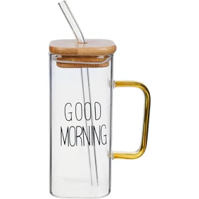 لیوان اسموتی درب چوبی دسته طلایی good morning