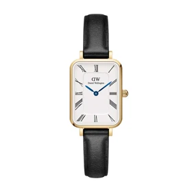 ساعت DW زنانه مستطیلی بند چرمی طلایی سفید ایندکس یونانی DW-5523-L