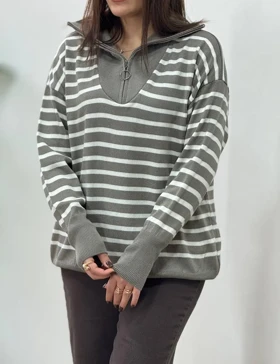 پلیور بافت ترک یقه زیپ راه راه