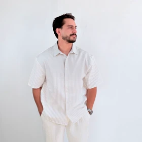 پیراهن آستین کوتاه مردانه سفید مدل راه راه