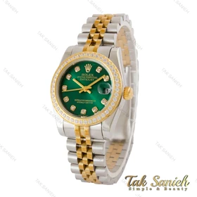 ساعت رولکس زنانه دورنگ طلایی دورنگین صفحه سبز Rolex-5303-L