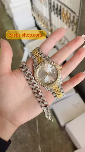 ست ساعت رولکس فول استون نگین با دستبند زنانه مردانه
