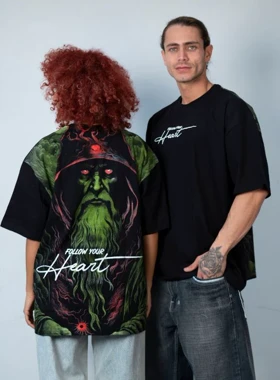 تیشرت باکسی مردانه طرح پشت چاپ سه بعدی جادوگر پیر نخ پنبه ماکان