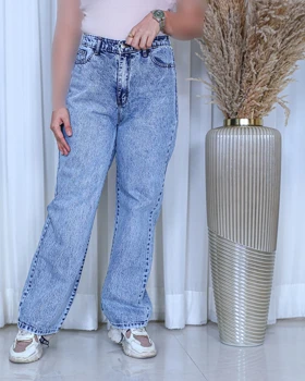 خرید شلوار جین نیم بگ زنانه آبی رندوم (سنگ خشک) کمر کش Random Wash Semi Baggy Jeans کد 911400