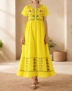 پیراهن زنانه گلدوزی آستین کوتاه هندی SH7636 (زرد)