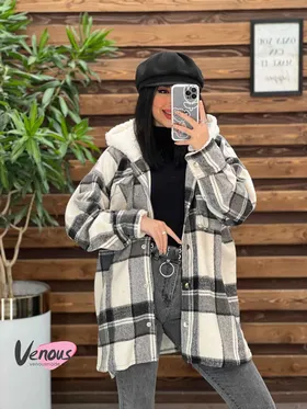 پالتو چهارخونه کلاه تدی
