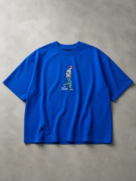 تیشرت لش و باکسی گلدوزی پنبه دونخ آبی کاربنی طرح پسر مینیمال ترند / اورجینال دیلم