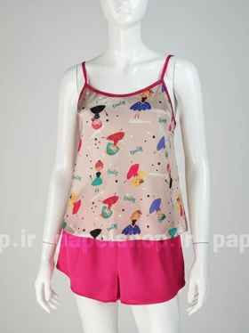 ست لباس خواب تاپ و شورتک ساتن طرح دخترک