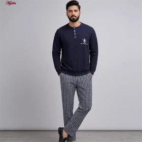 ست بلوز و شلوار مردانه نخ پنبه سرمه ای لین کد 5197-496