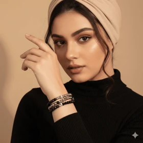 دستبند سه‌ردیفه مهره‌ای مشکی و نقره‌ای زرمیس