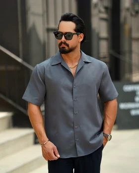 پیراهن پارچه کرپ ضد چروک آستین کوتاه (خاکستری)