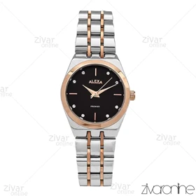 ساعت الکسا پریمیر زنانه رزگلد نقره ای صفحه مشکی نگین‌دار 106132