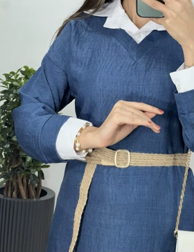 پیراهن مانتویی بلند یقه دار همیلا همراه با کمربند