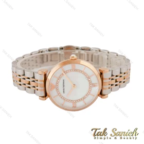 ساعت امپریو آرمانی زنانه دو رنگ رزگلد صفحه سفید نگین‌دار Armani-4403-L
