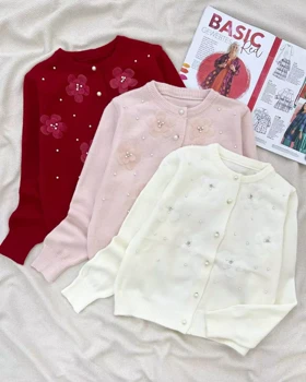 ژاکت بافت گل و مروارید گل برجسته کد 5318