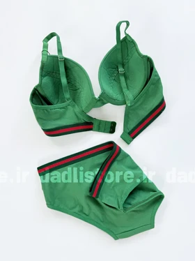 ست شورت و سوتین فنر دار نخ پنبه نواردوزی سبز میسا