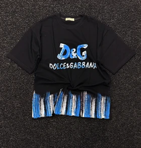 تیشرت مردانه مشکی D&G طرح فرینج آبی