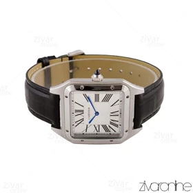 ساعت کارتیه مردانه سانتوس دومونت قاب سیلور بند چرم مشکی 105550