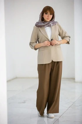 کت زنانه ژاکارد آستین دکمه (کرم)