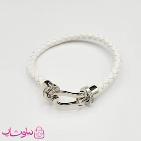 دستبند زنانه برند فرد Fred مدل چرم سفید با قفل نقره ای نگین‌دار استیل کیفیت مستر کد 680