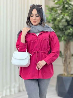 مانتو کتان کمرگت سر جیب مثلثی
