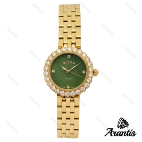 ساعت الکسا 2002z زنانه طلایی دور نگین صفحه سبز w-10132