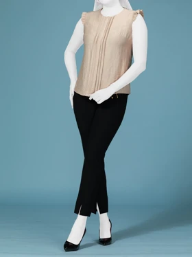 تاپ زنانه کتان کریستال یقه گرد پیلی دار کلاسیک هلسا
