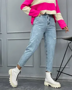 شلوار مام فیت برفکی سنگ خشک پارچه ترک کمرکش