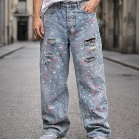 شلوار بگ کاستوم شده آبی صابونی رنگ پاش هنری بلن خاص کد 6444758