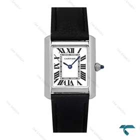 ساعت کارتیه تانک زنانه نقره ای بند چرم مشکی متوسط Cartier-7921-L