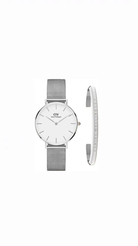 ست ساعت دنیل ولینگتون حصیری زنانه نقره ای صفحه سفید با دستبند Daniel Wellington Silver