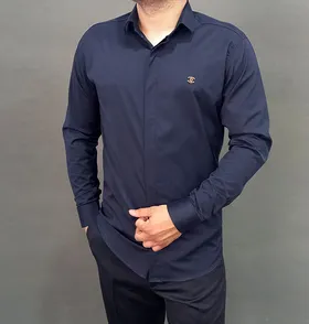 پیراهن ساتن آستین بلند رنگ سرمه ای