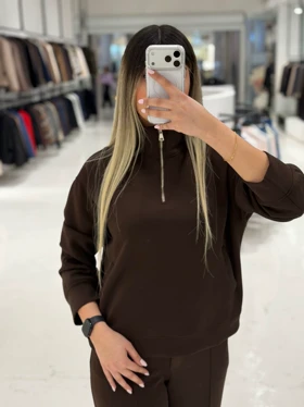 ست سویشرت شلوار نیم زیپ اویشو کد 14003820 (قهوه ای)