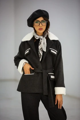 پالتو موهر یقه خز 4 جیب (مشکی)