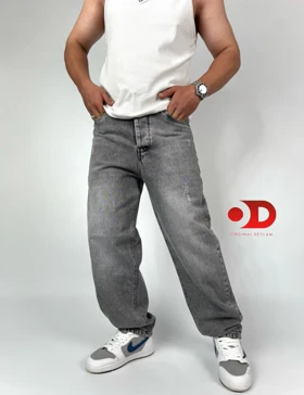 شلوار بگ طوسی روشن مردانه پارچه جین پنبه کجراه سنگشور گرماژ بالا با قد 110 سانت کد b189