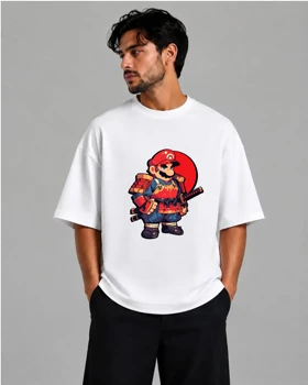 تیشرت باکسی سفید طرح ترکیبی سوپرماریو و سامورایی سبک Chibi Action Streetwear