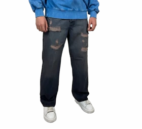 شلوار جین زاپ‌دار بگ مردانه سرمه ای با شست آبی