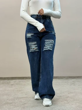 شلوار نیم بگ جین زاپدار سورمه ای ام کی