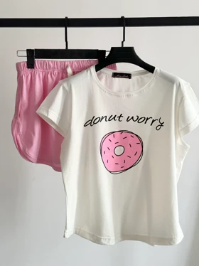 ست تیشرت شورتک زنانه طرح دونات