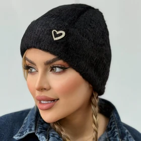 کلاه بافت قلب نگینی (مشکی)