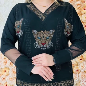 بلوز زنانه پلنگی ترک سنگ کریستال