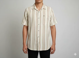 پیراهن مردانه آستین کوتاه راه راه کنفی کرم 717