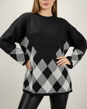 بلوز بافت زنانه طرح پایین لوزی آستین بلند یقه گرد ریز بافت کد 1919
